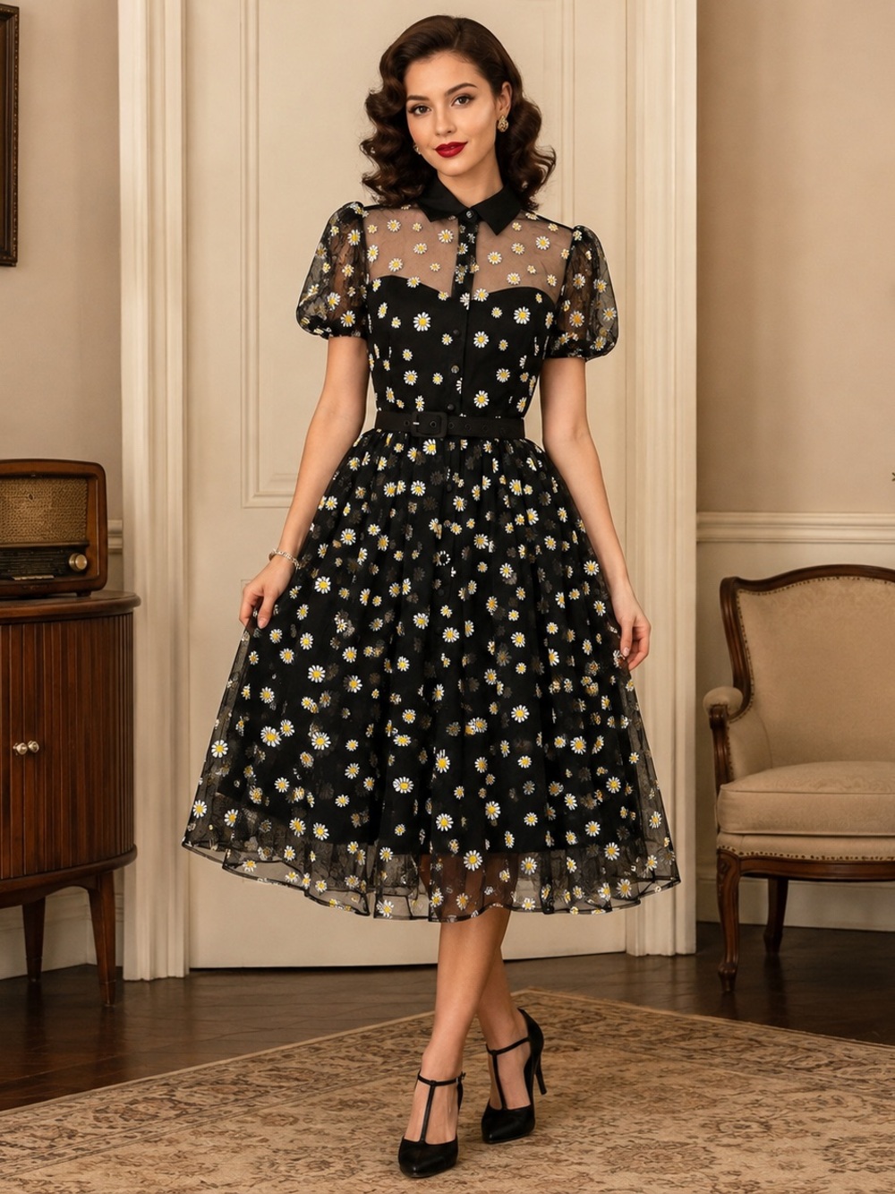 UNIQUE VINTAGE Rare Daisy Embroidered Sheer Retro Fit & Flare Dress NWT, Size M